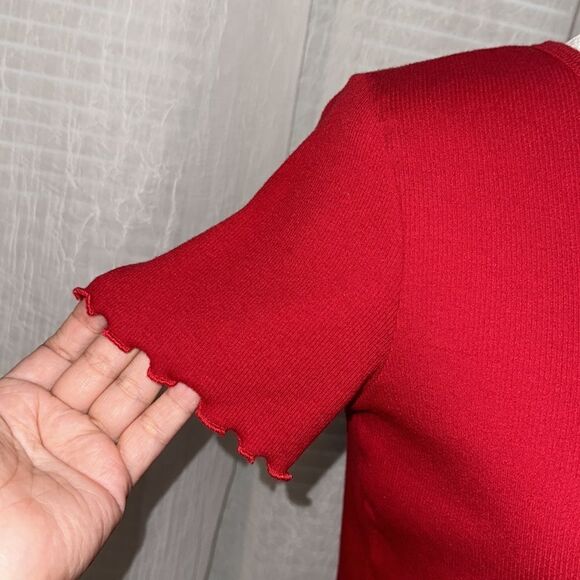 Hollister S Red Ribbed Cotton Crewneck Short Sleeve Tee Ruffle Hem & Sleeve - Picture 5 of 10